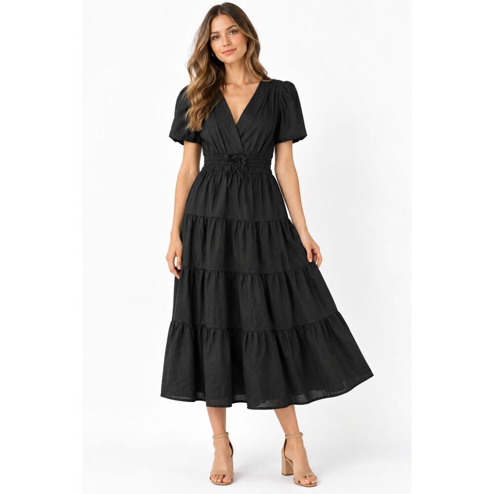 Meadow Rhodes Black Midi Dress Puff Sleeve Boho Cottagecore Prairie Coastal S